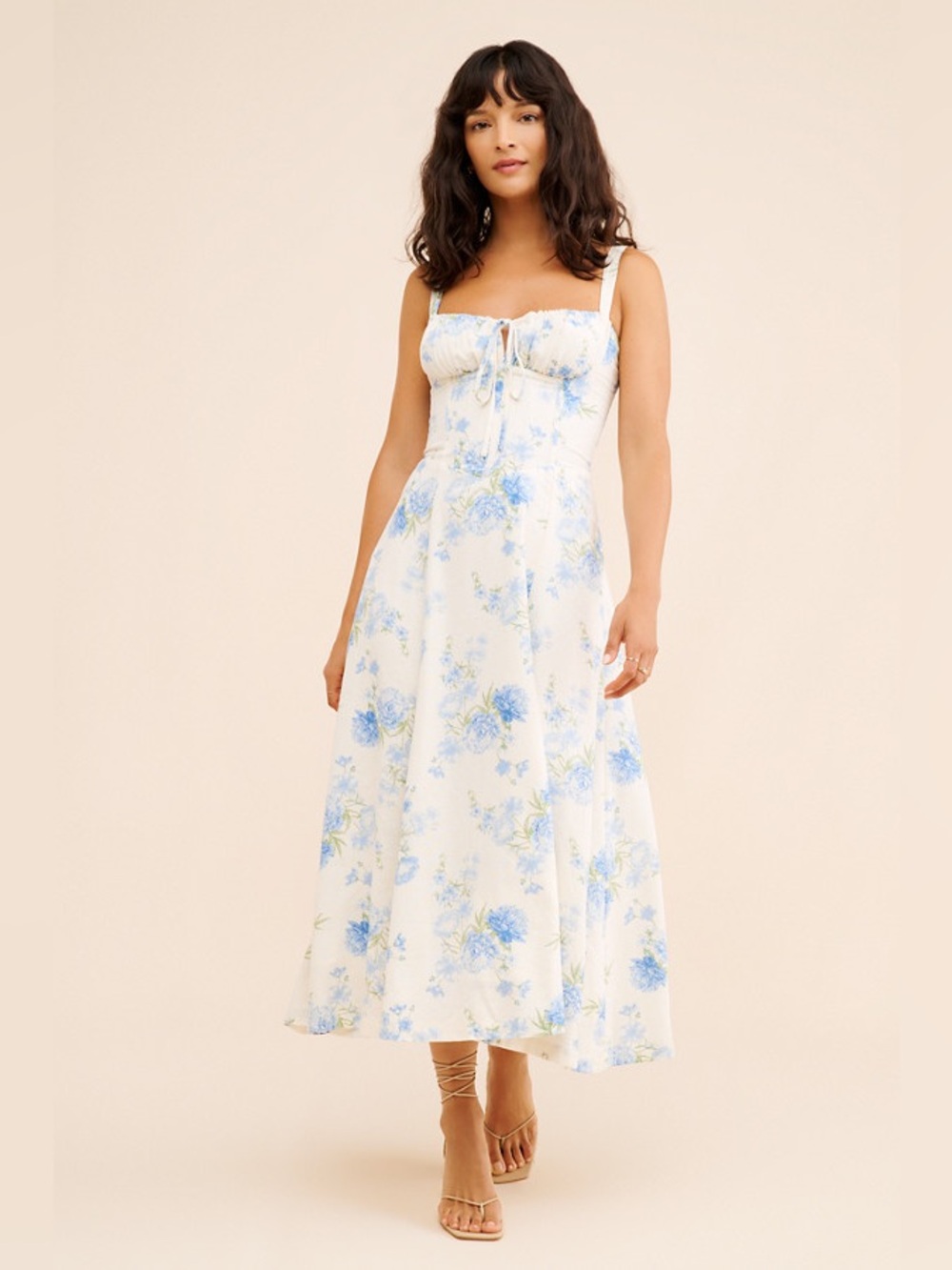 Dress Forum Linen Blend Floral Midi Dress - Blue Bustier